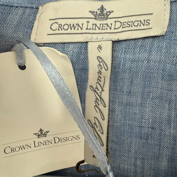 NWT Crown Linen Designs Shirt Dress Women 2 Blue Long Sleeve Coastal Oversized - Picture 7 of 10